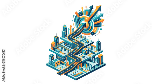 Isometric business roadmap illustration with winding path through city buildings to a target goal