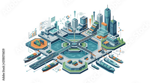 Isometric Smart City and Industrial Logistics Port with Cargo Ships and Global Trade Infrastructure