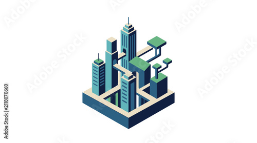 Isometric Modern Cityscape with Futuristic Buildings and Interconnected Bridges