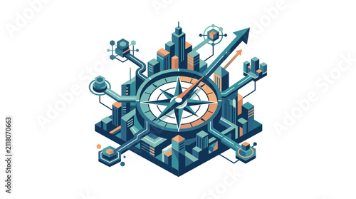 Isometric Strategic Business Navigation and Urban Planning Concept with Growth Arrow