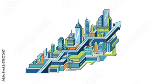 Modern isometric city skyline with upward business growth arrow illustration