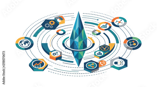Modern Isometric Digital Ecosystem with Blockchain Technology and Data Analysis Concept