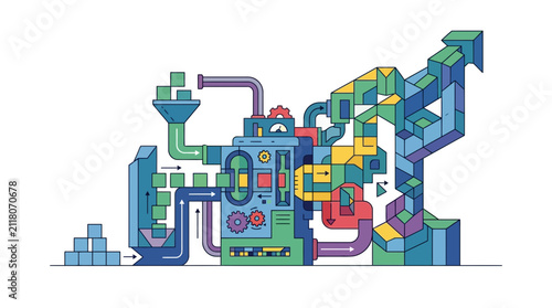 Abstract Business Machine Processing Small Blocks into Rising Growth Arrow Vector Illustration