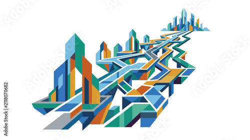 Abstract Futuristic City Skyline with Geometric Paths and Modern Urban Infrastructure Design