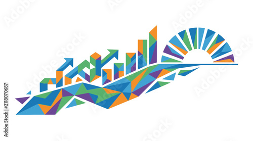 Abstract Geometric Financial Growth Chart with Rising Sun and Success Arrows