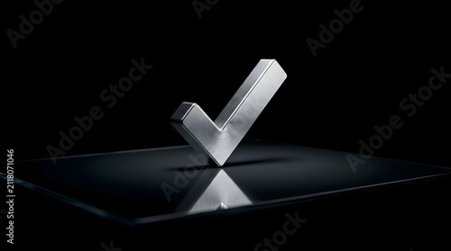 Silver metallic check mark icon standing on a reflective glass surface