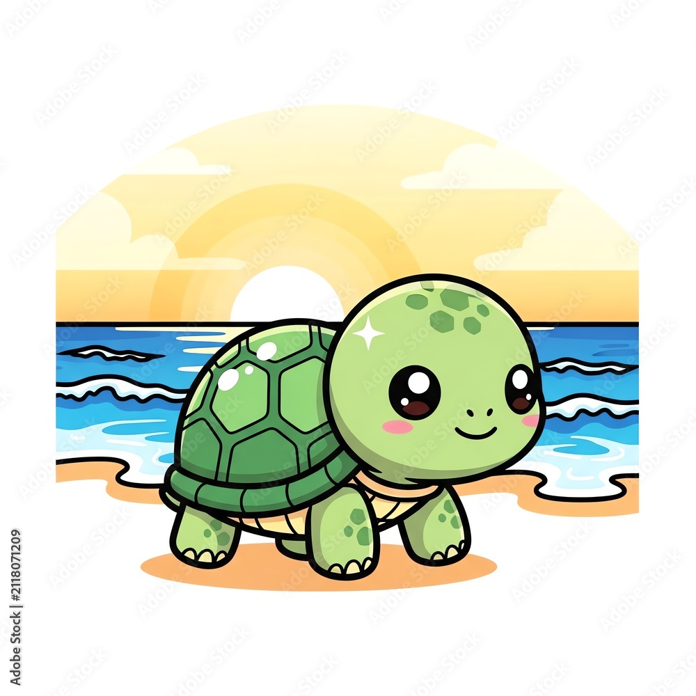 Obraz premium Cute Baby Sea Turtle on Beach at Sunset.