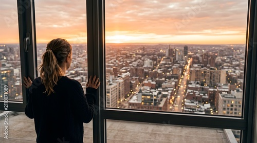 Young woman looking through window at city skyline during sunset
