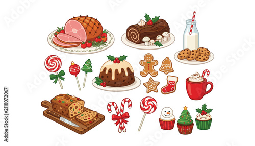 Foto Traditional Christmas food and holiday dessert items collection set with ham yul