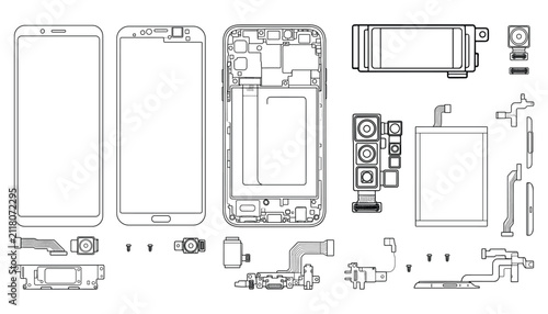 Detailed mobile phone hardware parts collection vector illustration including screens and batteries.