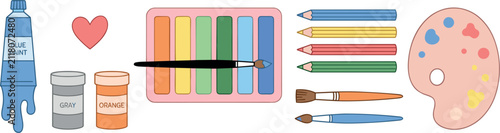 Art supplies and painting tools vector illustration set featuring watercolor palette colored pencils paint tubes brushes and drawing equipment on white background