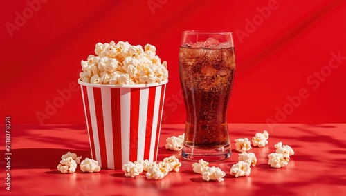 Cinema treat featuring popcorn and cola on a vivid red backdrop.