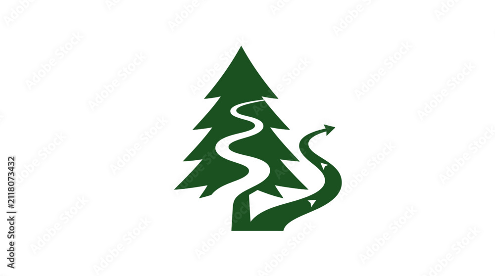 Obraz premium Pine tree with winding road arrow icon