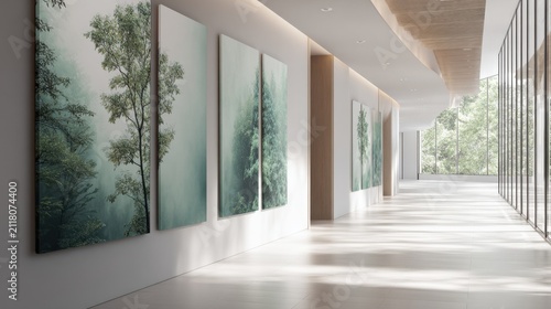 Medium shot of a wellness hallway featuring softly blurred corridors with serene nature prints in focus evoking calm and relaxation