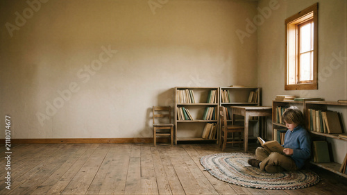 Boy sitting on rug and reading book in empty library. Child studying alone in minimalist room with wooden shelves. Concept of unequal access to education and limited learning resource.