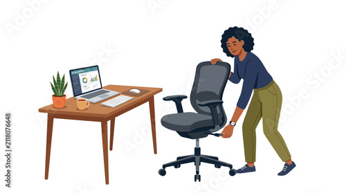 Professional woman adjusts an ergonomic office chair next to a wooden desk featuring a laptop and plant.