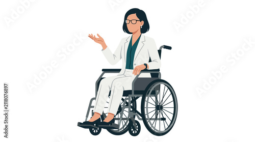 Businesswoman sitting in a wheelchair gestures with her hand while wearing a professional white suit jacket.