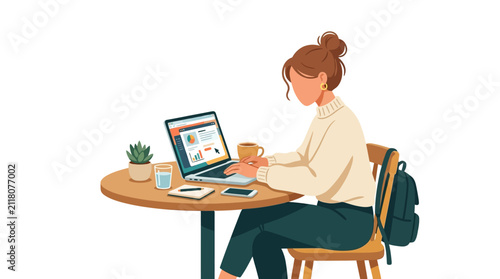 Businesswoman sitting at a cafe table while working on a laptop with a backpack placed on the chair nearby.