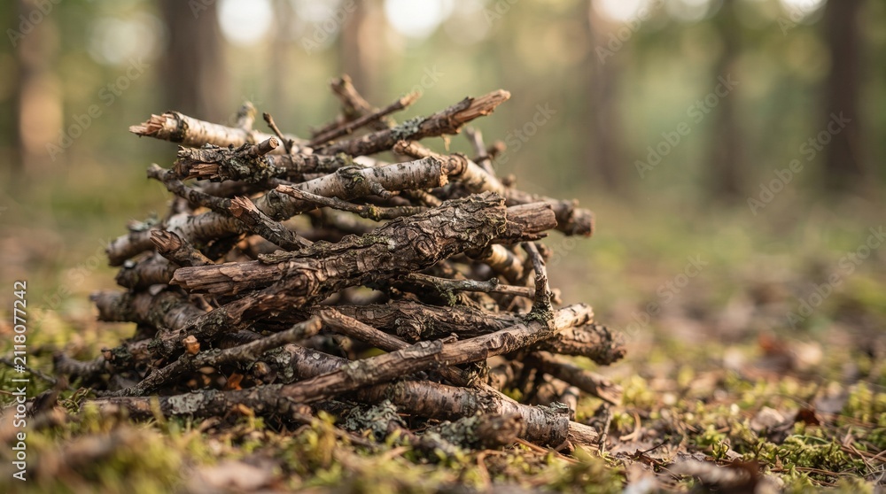 Fototapeta premium Rustic Natural Wooden Twigs Background with Organic Branch Texture and Warm Forest Light for Premium Product Display Mockup