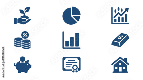 Investment growth and real estate asset icons.