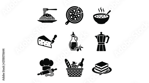 Italian cuisine, cooking tools, and classic food icons.