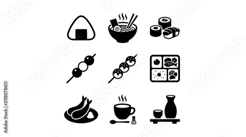 Japanese cuisine, sushi, and traditional food icon collection.