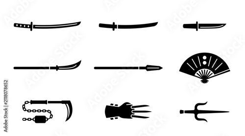 Japanese samurai and traditional martial arts weapon silhouettes.