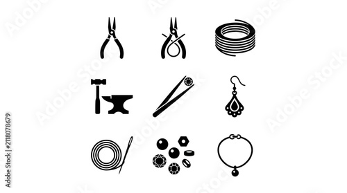 Jewelry making tools and handmade craft black icon set