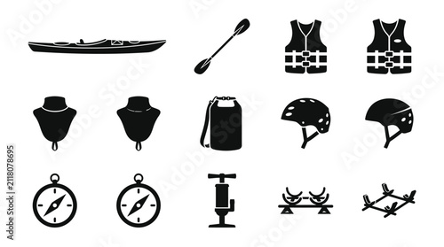 Kayaking and canoeing equipment silhouette icon collection.