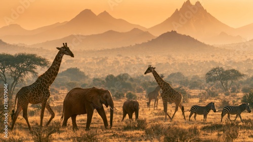 Sunset landscape with African animals