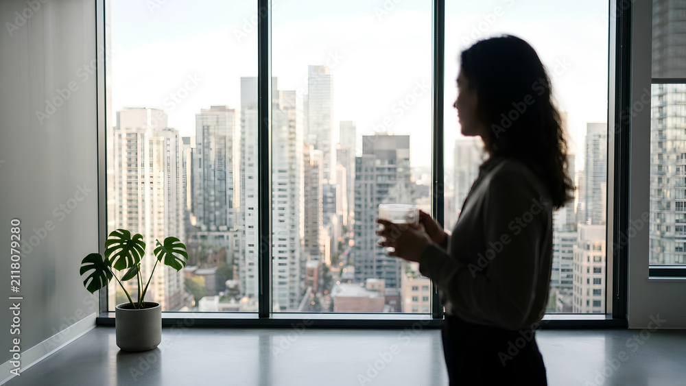 Fototapeta premium Office employee taking mental health wellness break looking out skyscraper window silhouette