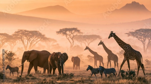 Sunset landscape with African animals