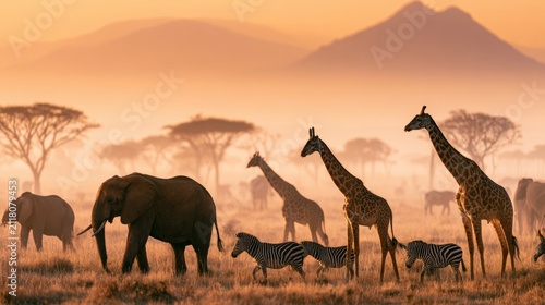 Sunset landscape with African animals