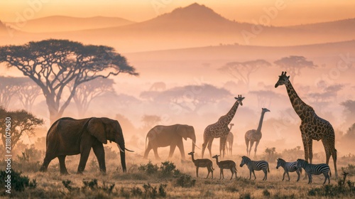 Sunset landscape with African animals
