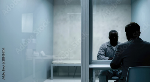 Visitor and inmate silhouettes separated by a glass partition in a prison visitation room. Lawyer meeting prisoner 