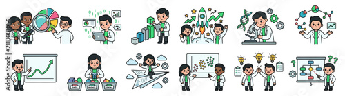 Cute Scientists Working on Research and Data Analysis Set
