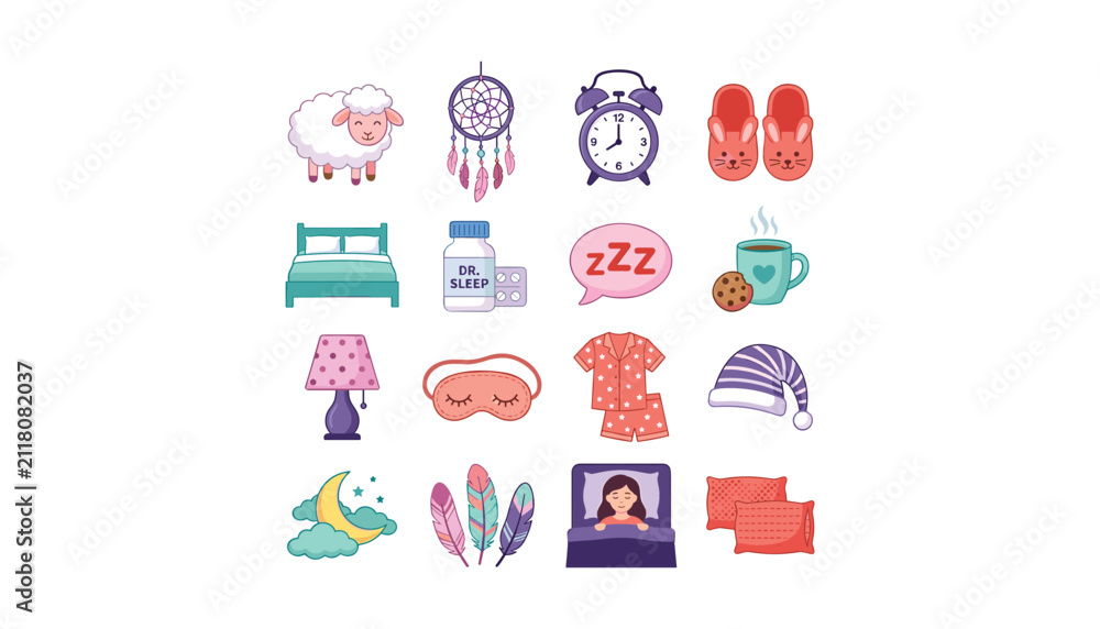Fototapeta premium Cute sleep icon vector set with alarm clock dreamcatcher sheep pajamas mask bed and night elements for lifestyle design