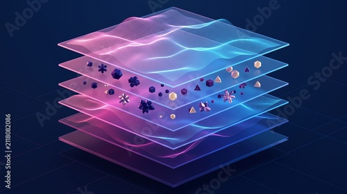 Abstract 3D Stacked Technology Layers with Glowing Waves and Floating Particles, Futuristic Data Processing Concept