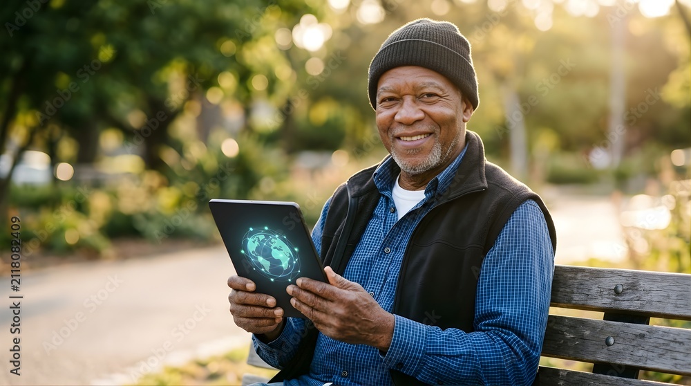 Fototapeta premium Mature man smiling using a digital tablet with global network icon outdoors