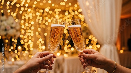 Two Hands Clinking Champagne Flutes in a Toast at a Wedding Celebration with Golden Bokeh Lights Background