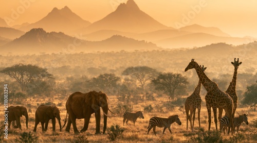 Sunset landscape with African animals