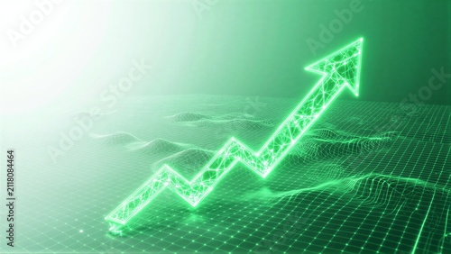 Glowing green arrow rises above digital grid, symbolizing growth and progress.