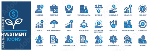 Professional set of financial and investment icons for business growth and market analysis