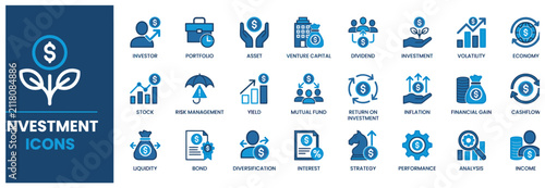 Modern blue financial investment icons for business strategy and corporate wealth management