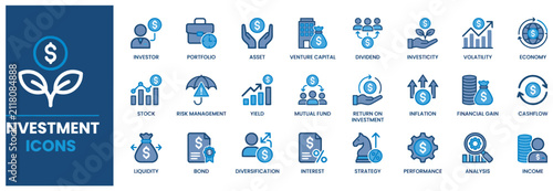 Set of blue financial icons representing investment growth and corporate business strategy