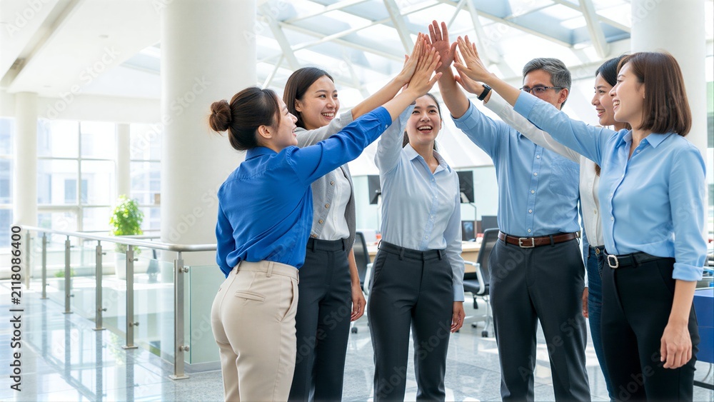 Fototapeta premium Diverse team high-fives in modern office, celebrating success with joyful expressions.