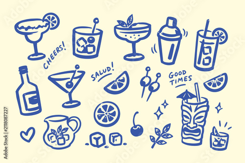 Hand drawn cocktail drink doodle vector set for party menu and bar design