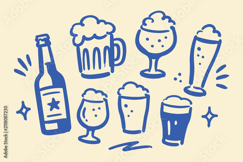 Hand Drawn Craft Beer Glasses and Bottle Vector Doodle Set Line Art Illustration