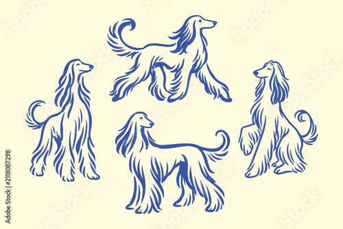 Elegant Afghan Hound Dog Vector Line Art Set Hand Drawn Purebred Hound Illustration