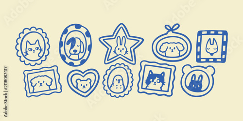 Cute Cute Pet Animals Portraits in Vintage Decorative Frames Line Art Set Vector Illustration